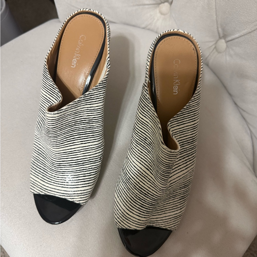 Calvin Klein Black and White Striped zebra Mules